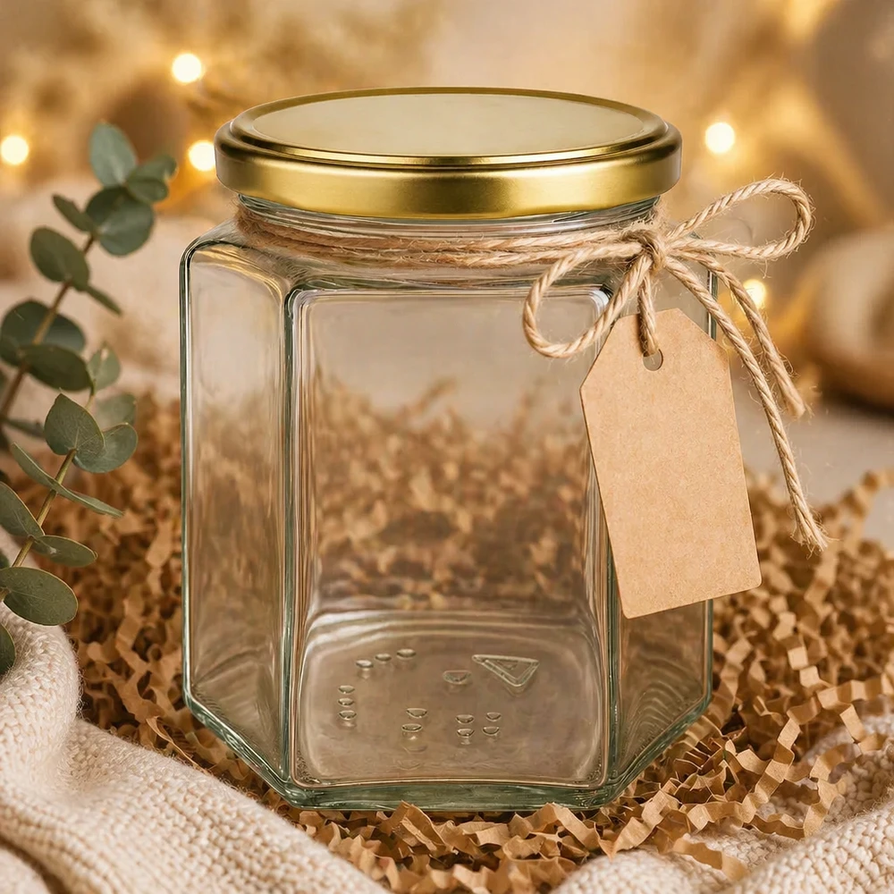 500g Honigglas mit goldenem Deckel BasicSeal UNiTWIST 500g Honigglas BasicSeal UT mit Geschenkanhänger Bastband dekorativ präsentiert warme Beleuchtung Geschenkidee