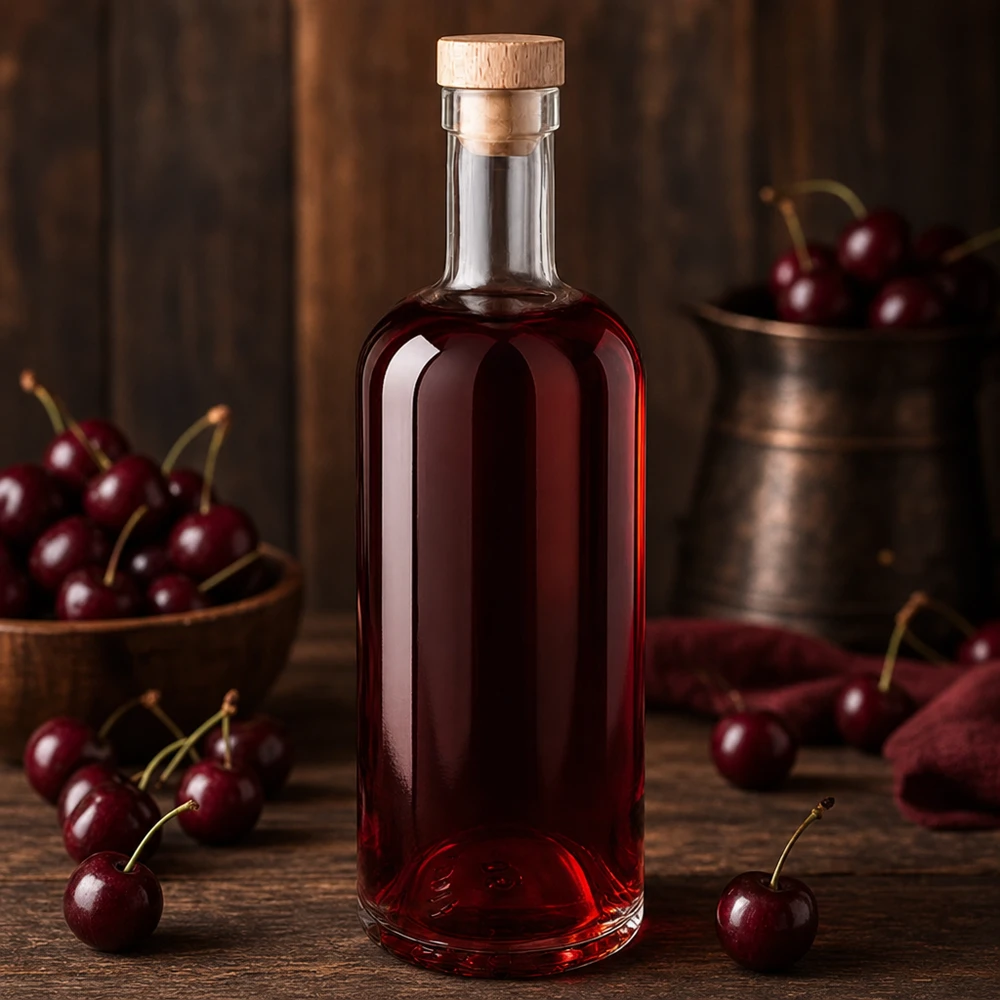 750 ml:n Emma-lasipullo, jossa on puukorkki ja joka on täytetty punaisella kirsikkanesteellä, jota ympäröivät tuoreet kirsikat puupöydällä.