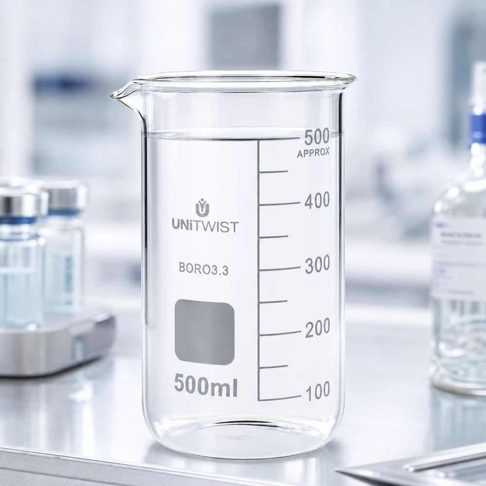 Tyhjä, läpinäkyvä 500 ml:n mitta-astia, korkea malli, borosilikaattilasia 3.3, laboratoriotyötasolla