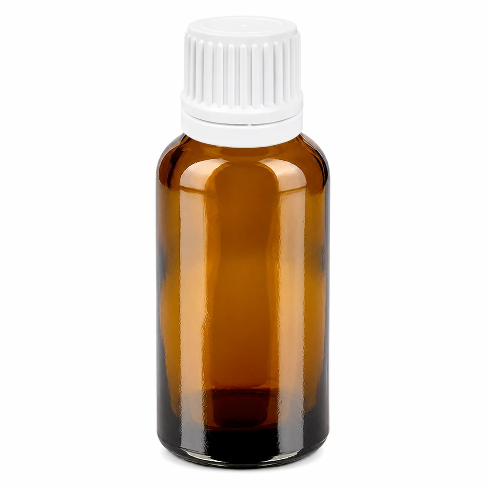 30ml meripihkanvärinen lasinen tippapullo, jossa on valkoinen korkki ja 0,7mm tippa-aukko tarkkaa annostelua varten.