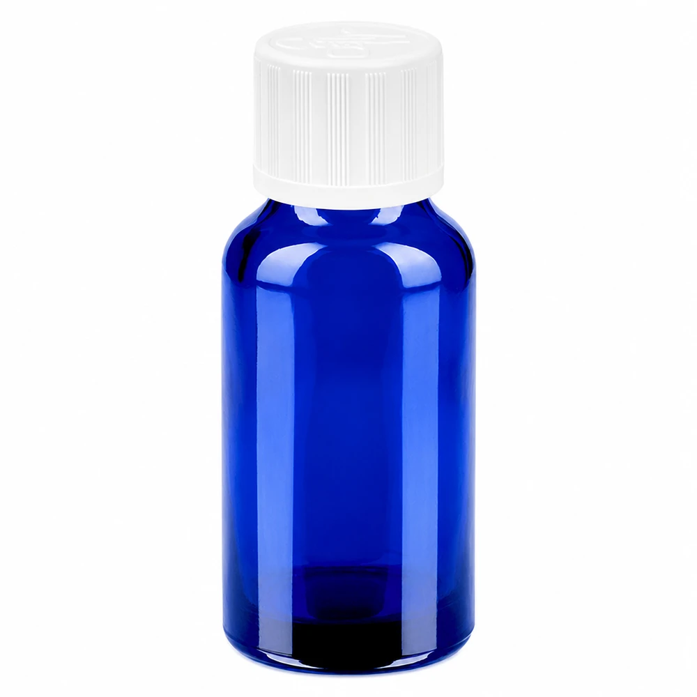 Sininen 20ml lasipullo valkoisella kierrekorkilla eteerisille öljyille ja kosmetiikalle.