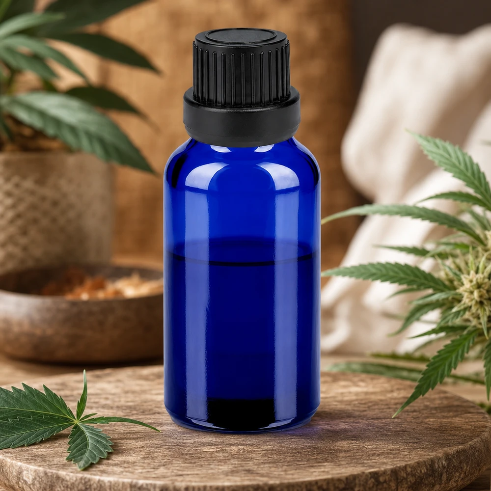 Kompakti 20ml sininen lasipullo, jossa on musta kansi, ihanteellinen DIY-kosmetiikkaan
