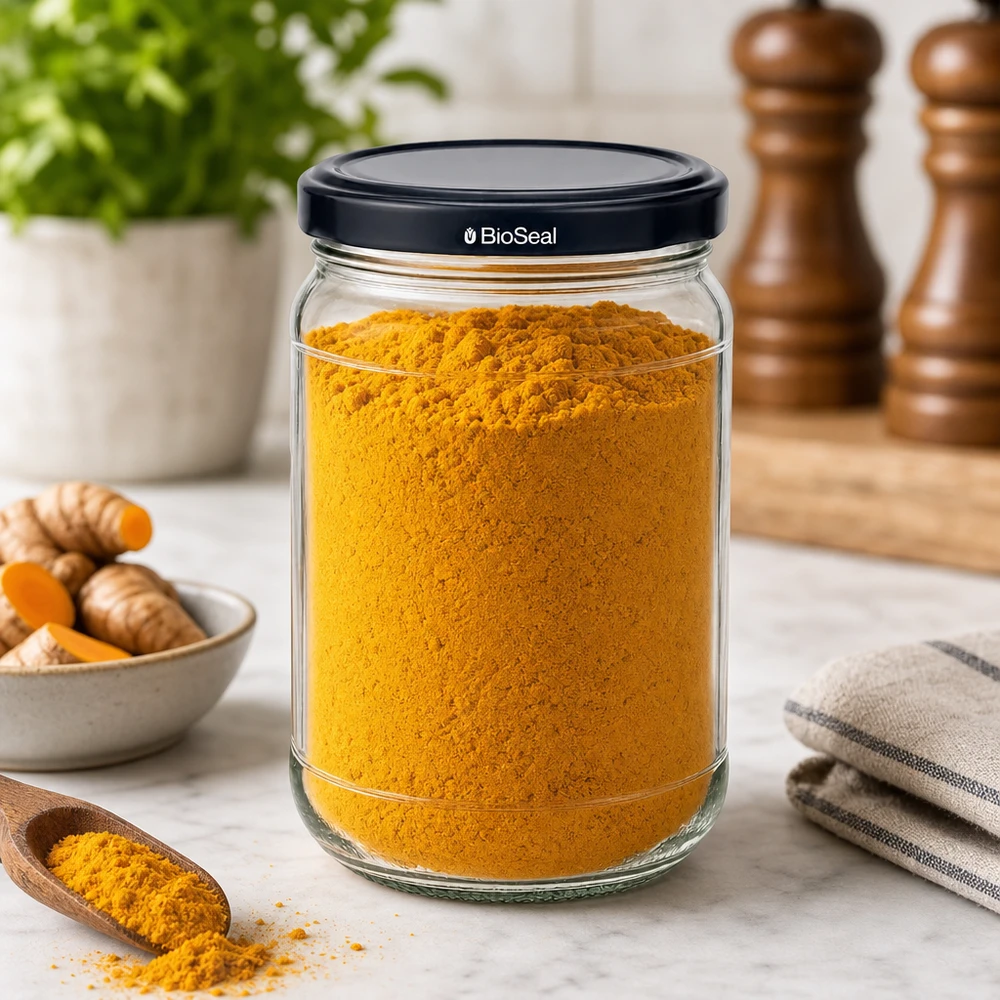 305ml pyöreä purkki + BioSeal-kansi musta UNiTWIST UNiTWIST Runda305 Vorratsglas mit schwarzem BioSeal Deckel gefüllt mit Kurkuma in stylischer Küchenumgebung