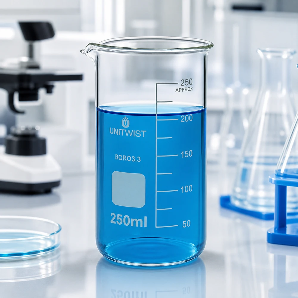 Lasi 250ml borosilikaatti, korkea muotti UNiTWIST UNITWIST-laboratoriolasin 250 ml:n korkea dekantterilasi, jossa on sinistä nestettä laboratoriossa