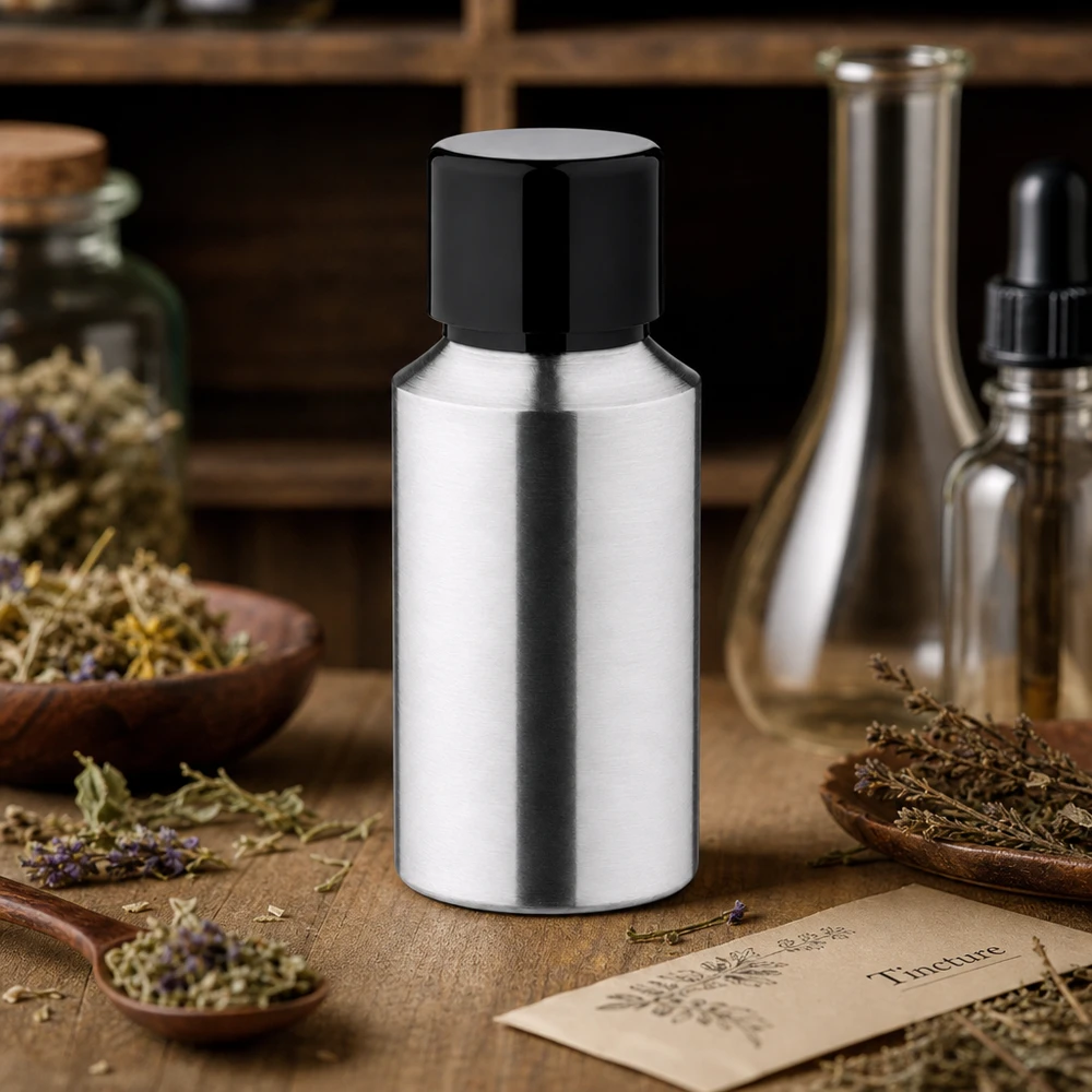 30ml kiillotettu alumiinipullo mustalla korkilla, ihanteellinen yrttiuuteille ja tinktuureille.