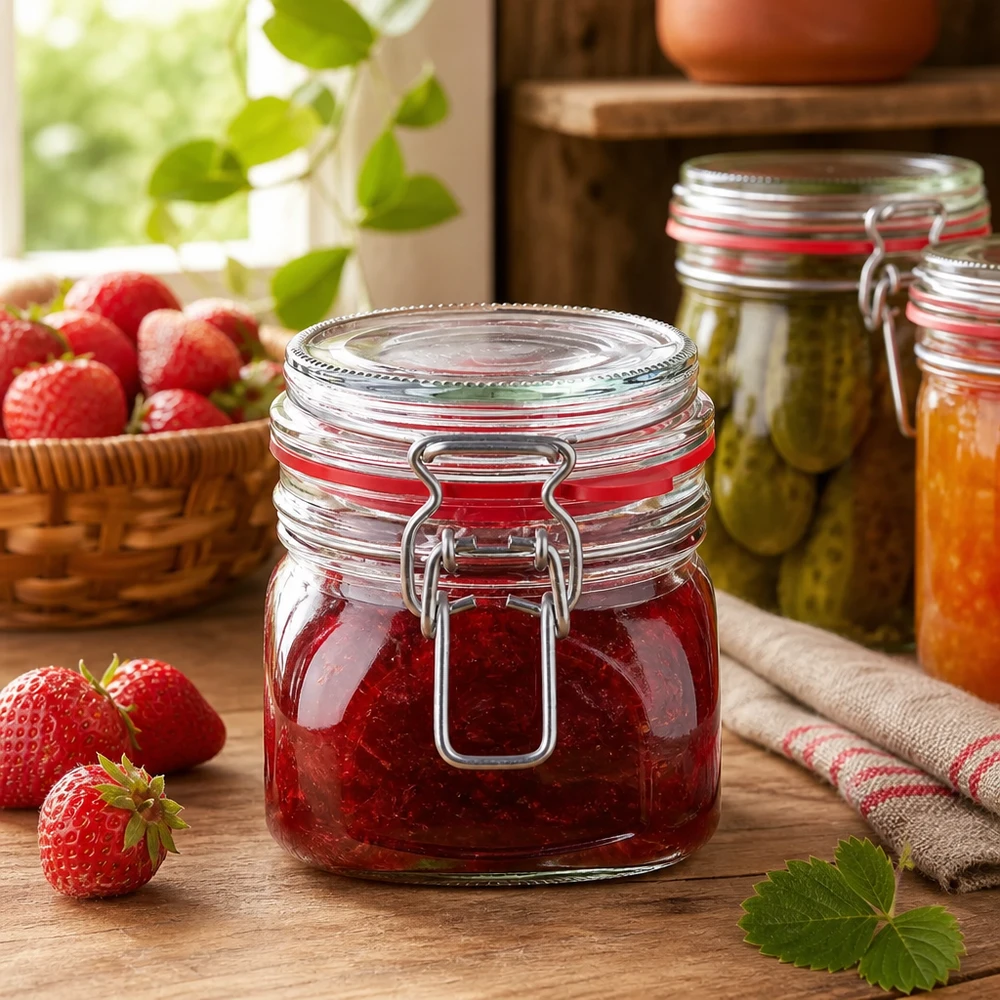 Lasinen säilytyspurkki 370ml, jossa on kääntyvä kansi, ihanteellinen hillolle ja marmeladille.
