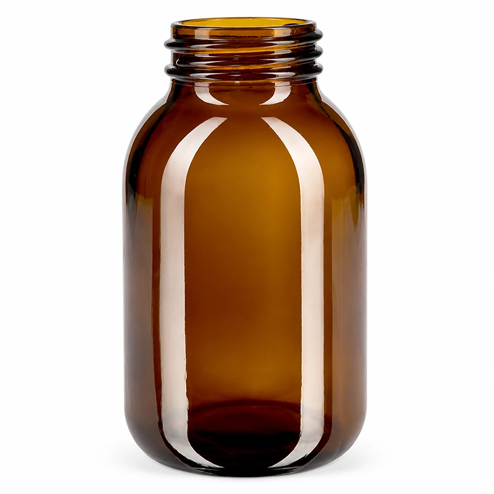 500ml leveäkaulainen pullo meripihkanväristä lasia 500 ml:n laajakaulapullo meripihkalasista farmaseuttisiin ja kosmeettisiin sovelluksiin.