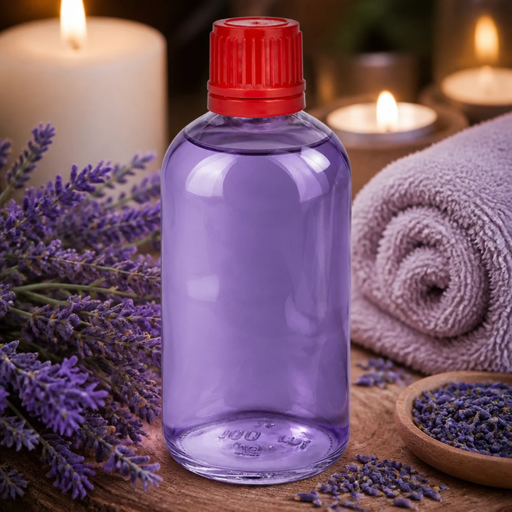 Violetti 100 ml:n ClearLine-pullo, jossa on punainen OV-korkki, tuoreiden laventelikukkien keskellä spa-tilassa
