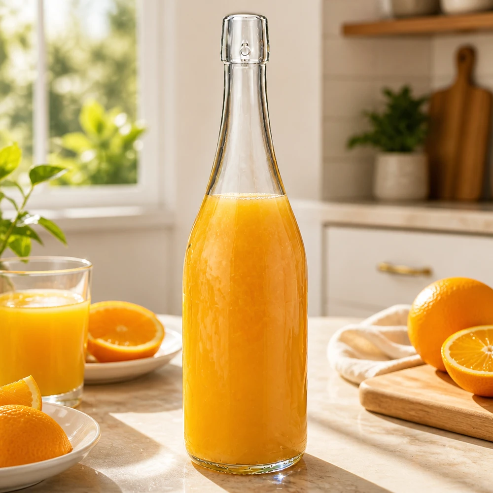 750 ml:n lasipullo ilman kääntökorkkia UNiTWIST 750ml UNiTWIST lasipullo täynnä tuoretta appelsiinimehua kevyt keittiö aamiainen C-vitamiini terveellinen ravitsemus