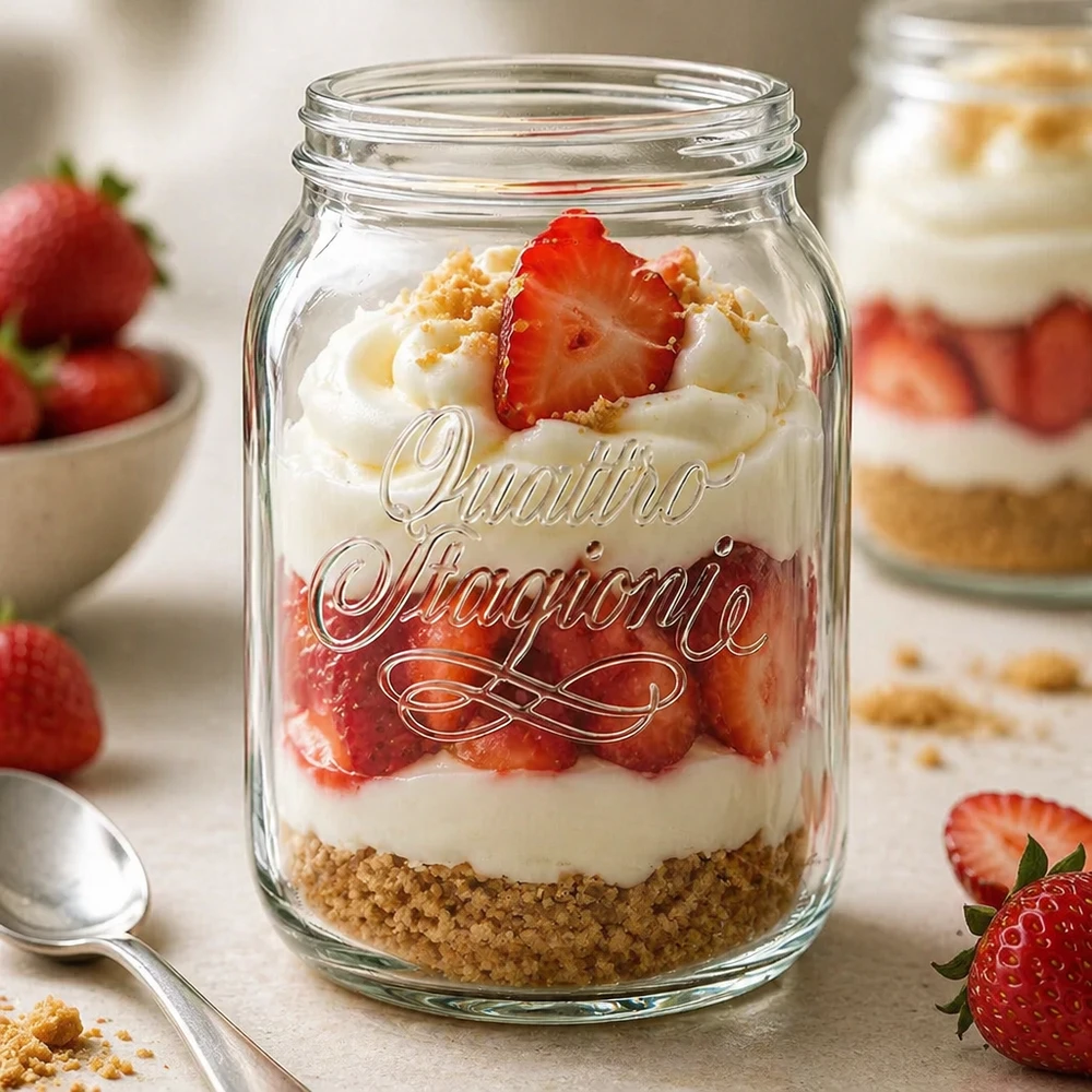 Quattro Stagioni Glas 2000ml mit Erdbeer-Dessert befüllt - vielseitiges Haushaltsglas für Einmachen und Dekoration