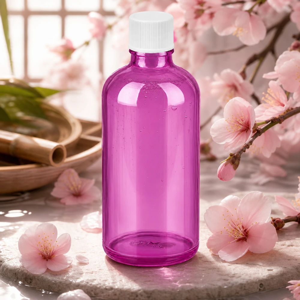 100ml pullo 11mm kierrekorkki valkoinen vakio PurpleLine UT18/100 Elegantti violetti lasipullo 100ml valkoisella kierrekorkilla laadukkaille kauneustuotteille.