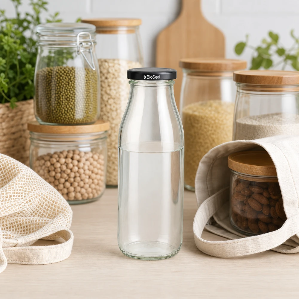 500 ml:n lasipullo mustalla BioSeal-kannella kestävässä keittiöympäristössä, jossa on säilytyspurkit ja juuttipussit.