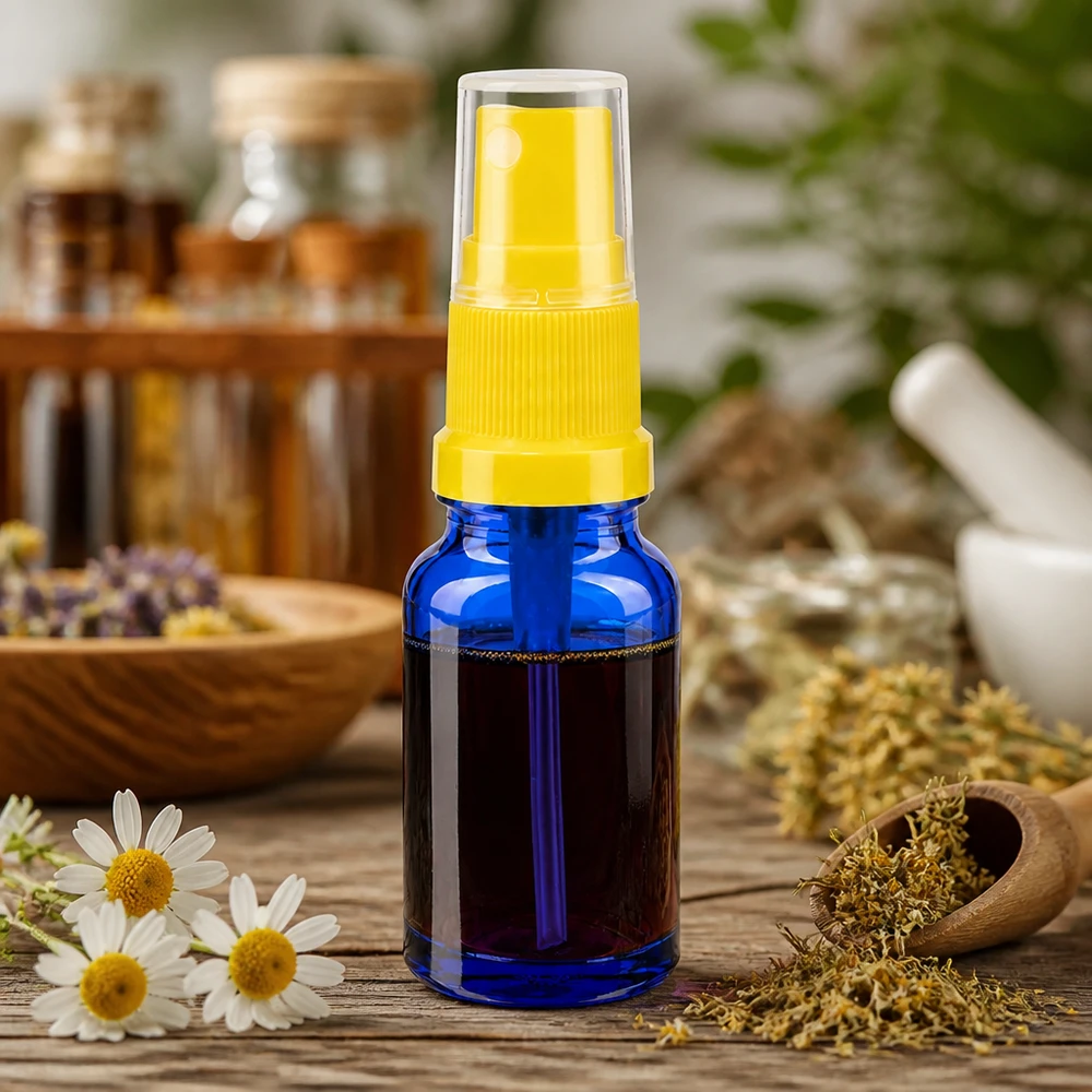 10ml suihkepullo keltainen/läpinäkyvä vakiokorkki BlueLine UT18/10 Kompakti 10ml suihkepullo sinisestä lasista keltaisella suihkepäällä kosmetiikkatuotteille BlueLine UT18 10