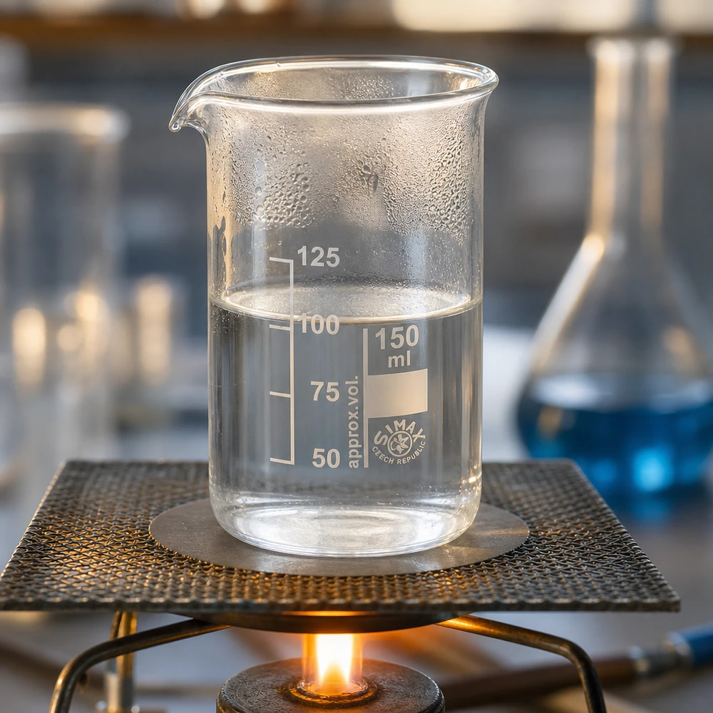 Juomalasi 150ml borosilikaattilasi, korkea muotoinen 150 ml:n korkea koeputki, jota lämmitetään Bunsen-polttimella ja jossa on kirkasta nestettä laboratoriossa