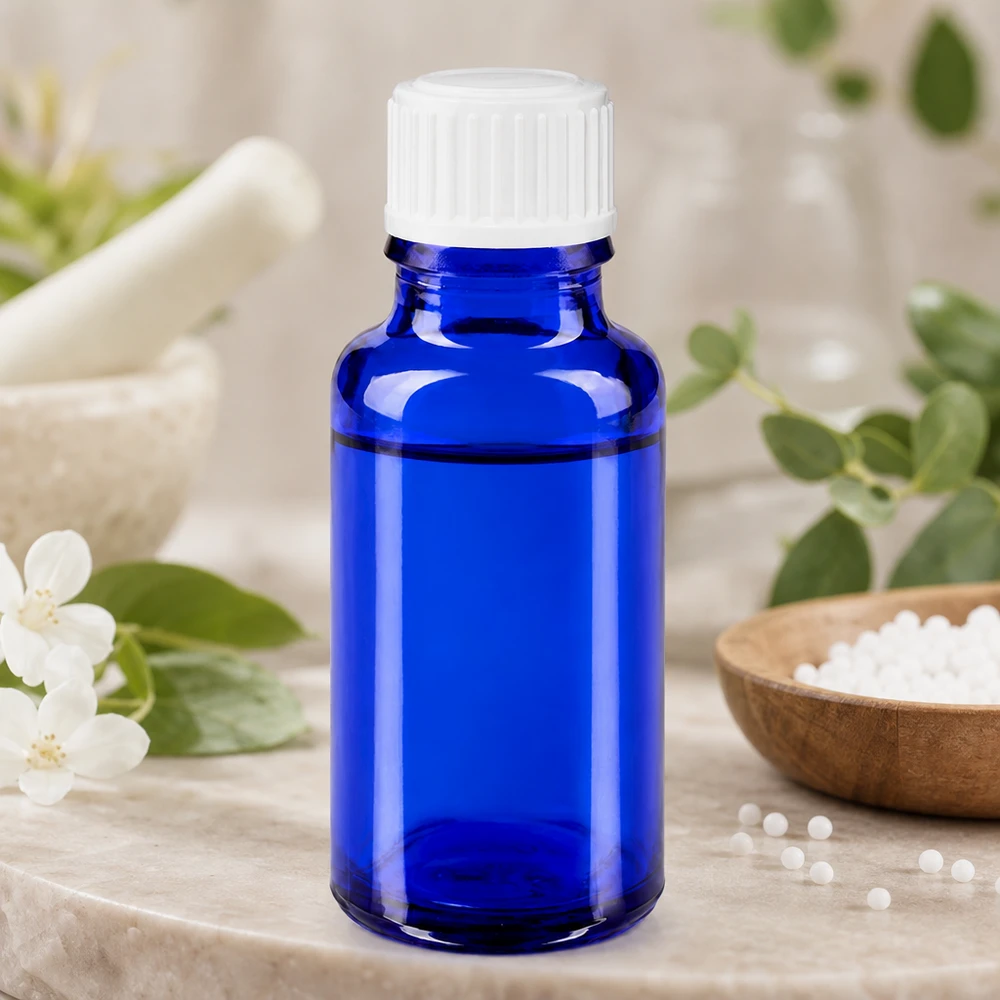 Apteekkipullo sininen 20ml ruuvikorkki valkoinen standardi Koboltinsininen 20 ml:n lasipullo, jossa on valkoinen kierrekorkki, morttelin ja homeopaattisten rakeiden vieressä