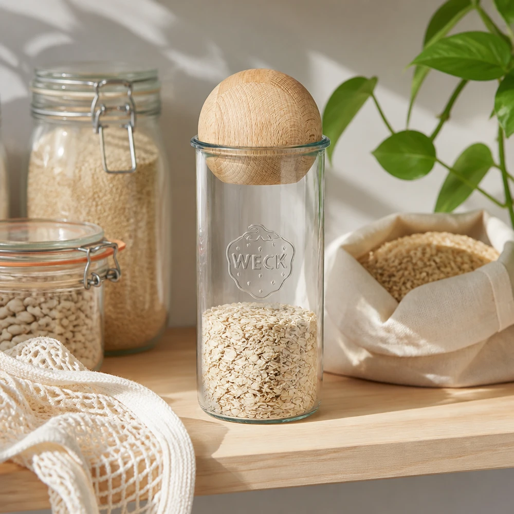 WECK RR100 1500ml muuripurkki täynnä kaurahiutaleita, puupallo pyökkikansi, nollajätteen keittiösäilytys