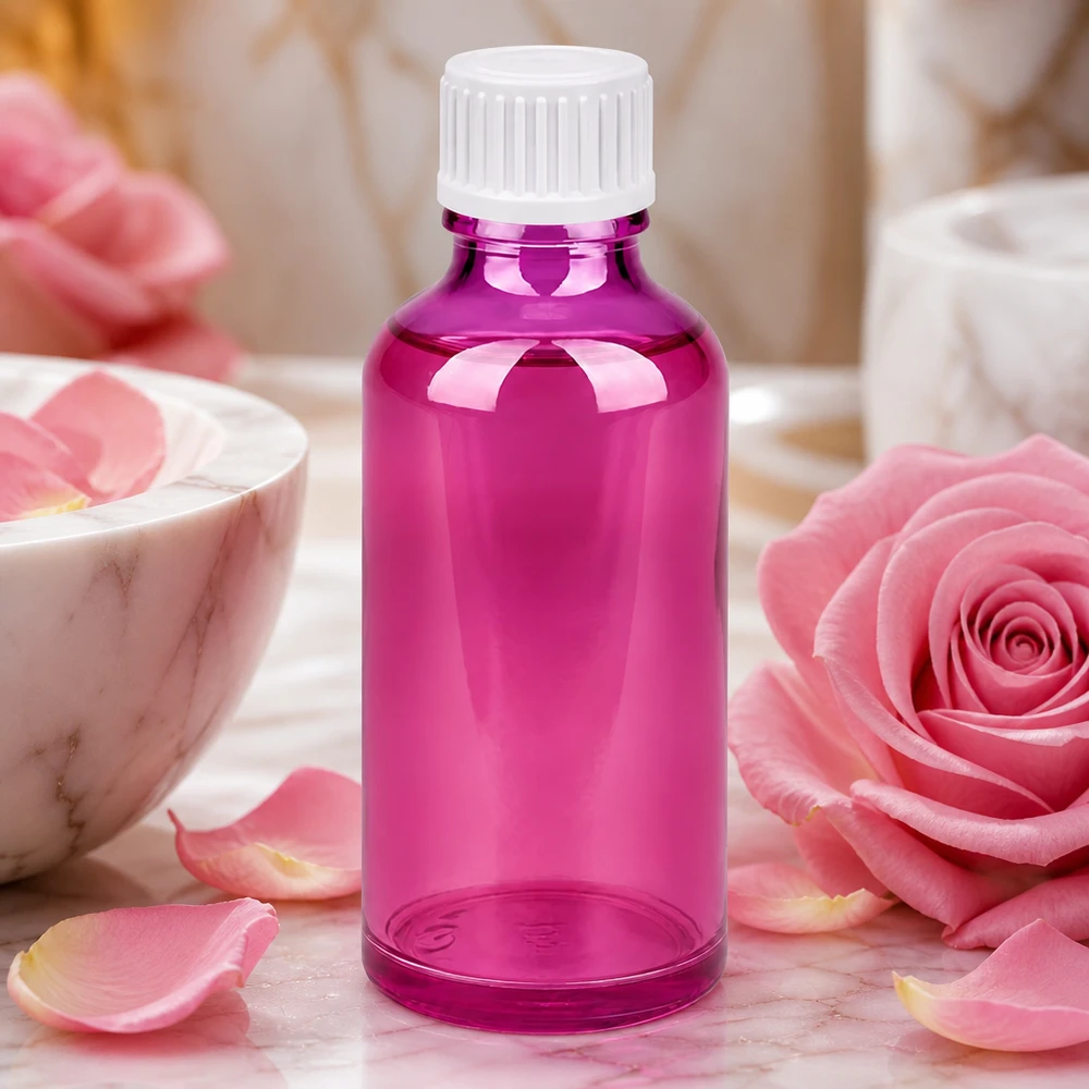 Kompakti 50ml violetti lasipullo aromaterapialle ja luonnollisille ihonhoitoesansseille.