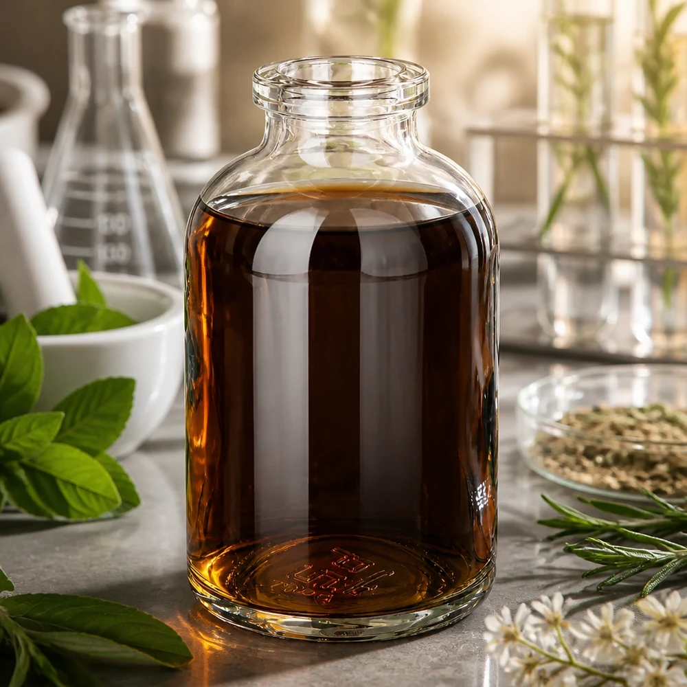 Kompakte Injektionsflasche 50ml aus Klarglas mit amber Naturstoffextrakt und Laborausstattung