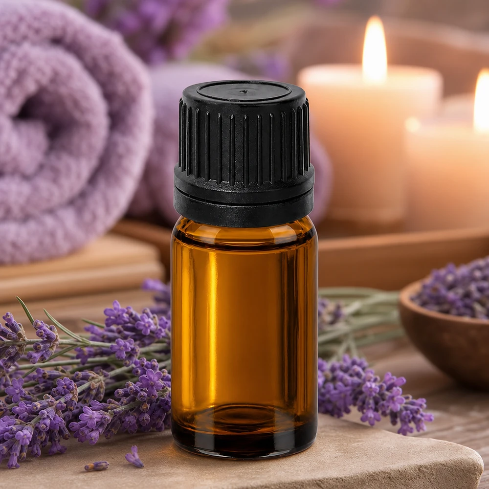 Pieni 10ml tippapullo meripihkan värinen, musta kansi aromaterapiaan ja kosmetiikkaan.