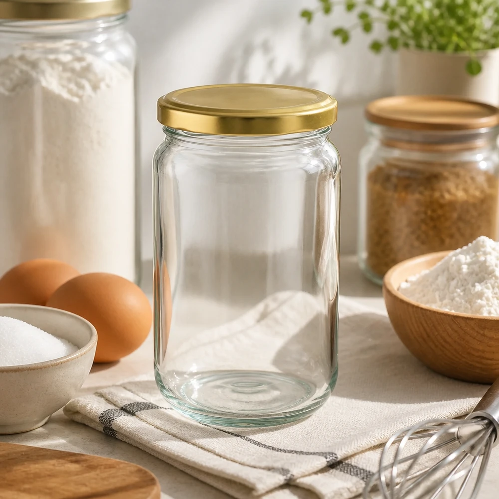 305ml Rundglas UNiTWIST mit goldnem Deckel in moderner Küche - perfekt zum Backen und Kochen mit Eiern und Mehl