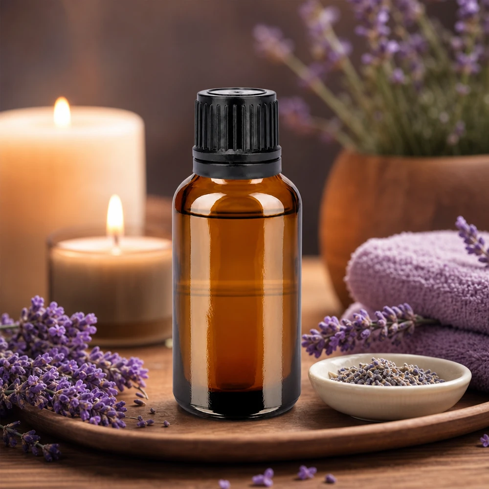 Pieni 30ml meripihkanvärinen lasipullo mustalla korkilla, joka sopii laventeliöljylle ja luonnonkosmetiikalle.