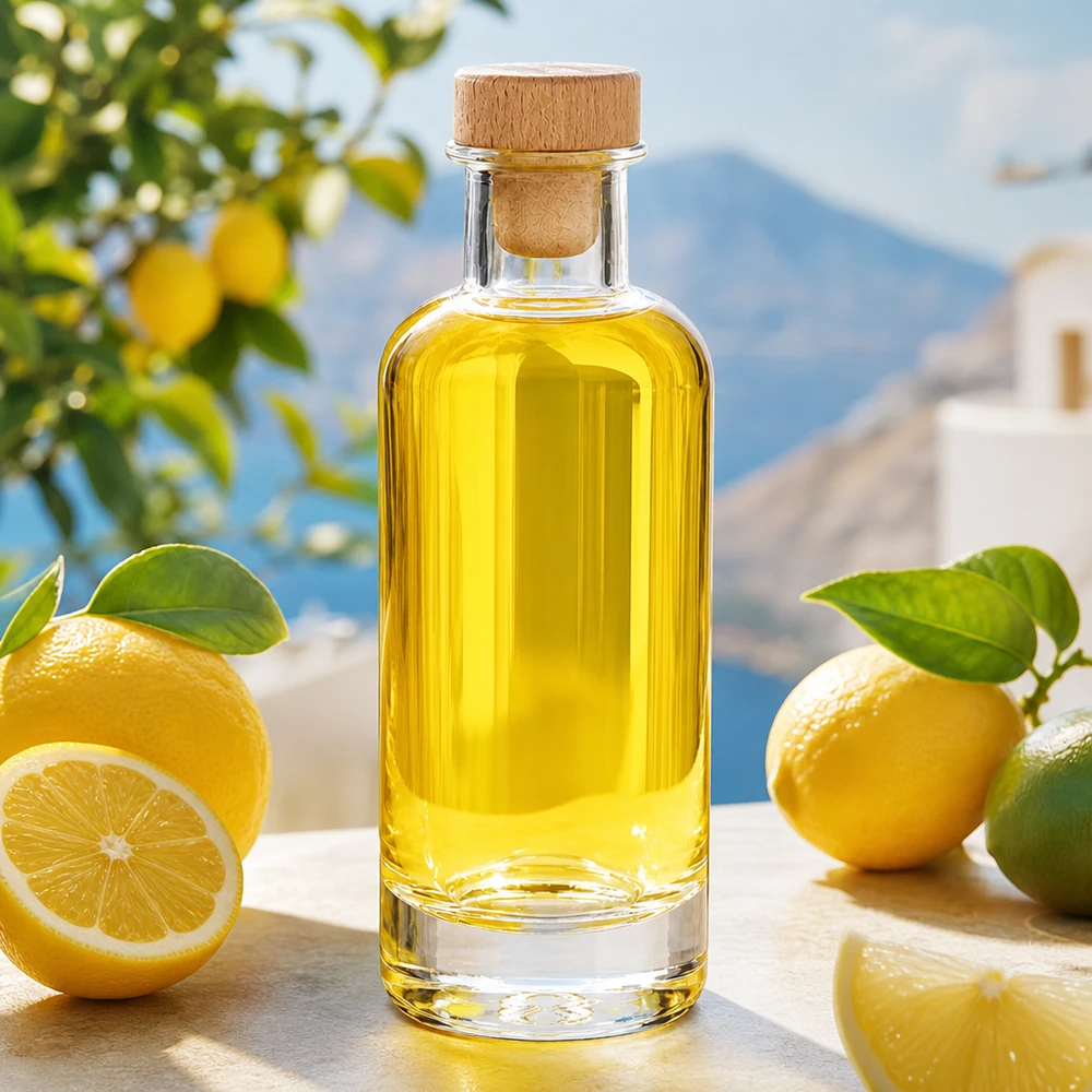 Ella 200ml lasipullo, jossa on puukorkki ja joka on täytetty keltaisella öljyllä, jota ympäröivät tuoreet sitruunat välimerellisessä ympäristössä.