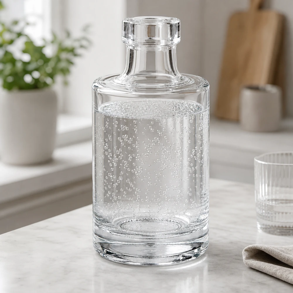 100ml lasipullo Marie, jossa on kirkasta vettä ja hiilihappokuplia tyylikkäässä keittiötunnelmassa, jossa on lasikansi