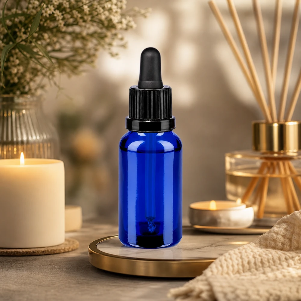 20ml pipettipullo musta tamper-evident-korkki BlueLine UT18/20 Kompakti 20 ml:n pipettipullo, jossa on tyylikäs sininen muotoilu ja käytännöllinen tiputuskorkki kotikäyttöön.