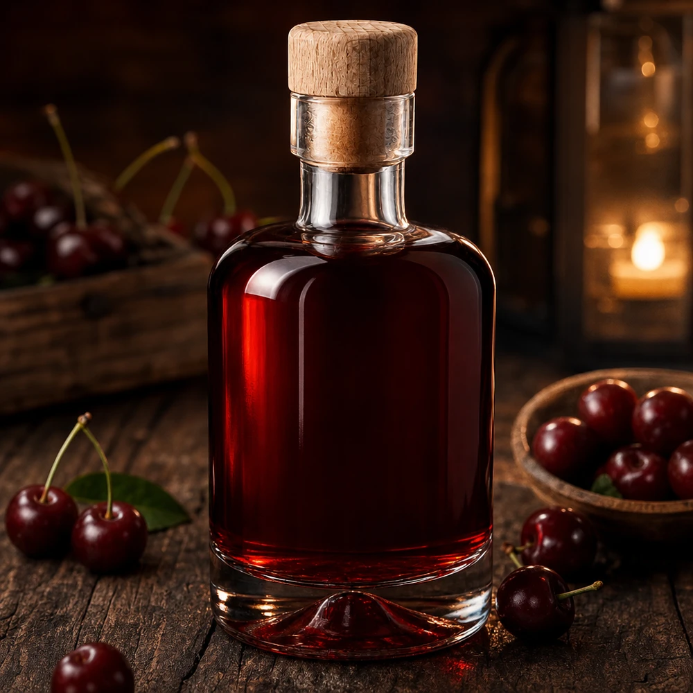 50ml Amelie-lasipullo, joka on täytetty tummanpunaisella kirsikkaliköörillä tuoreiden kirsikoiden välissä, jotka on järjestetty maalaismaisesti puulle.