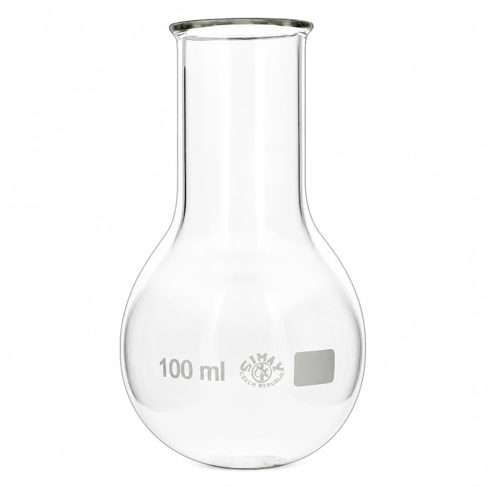 Pyöreäpohjainen pullo 100ml leveä kaula Pyöreäpohjainen pullo 100 ml:n leveä kaula kirkkaasta borosilikaattilasista laboratoriosovelluksiin.