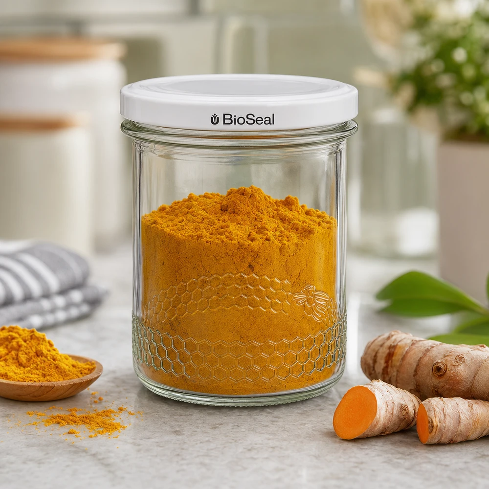 560g Honigglas + BioSeal Deckel weiß UNiTWIST Kurkumalla täytetty 400 ml:n hunajapurkki osoittaa BioSeal-kannen käytännöllisen käytön mausteille ja keittiötarvikkeille.