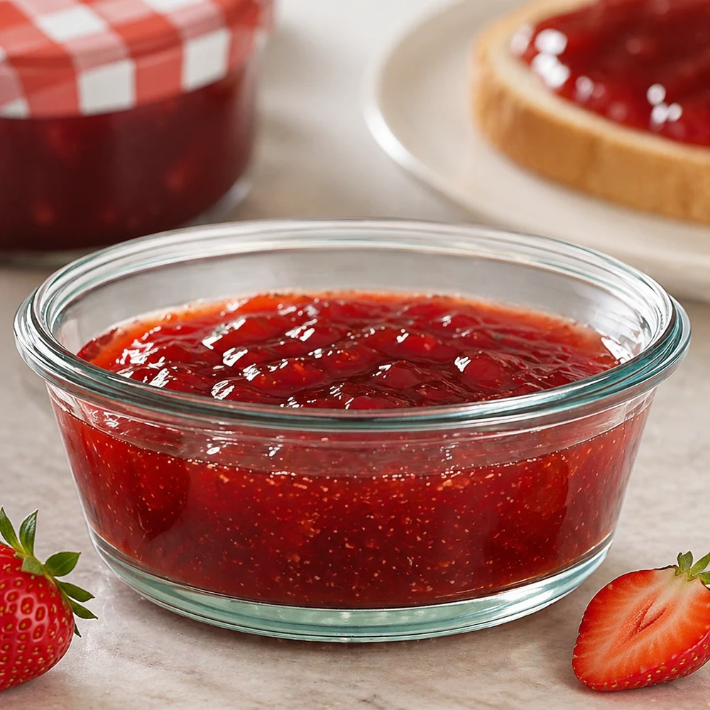 WECK RR120 Gourmet-purkki 300ml täynnä punaista hilloa näyttää käytettävän hillopurkkina mansikoiden kanssa.