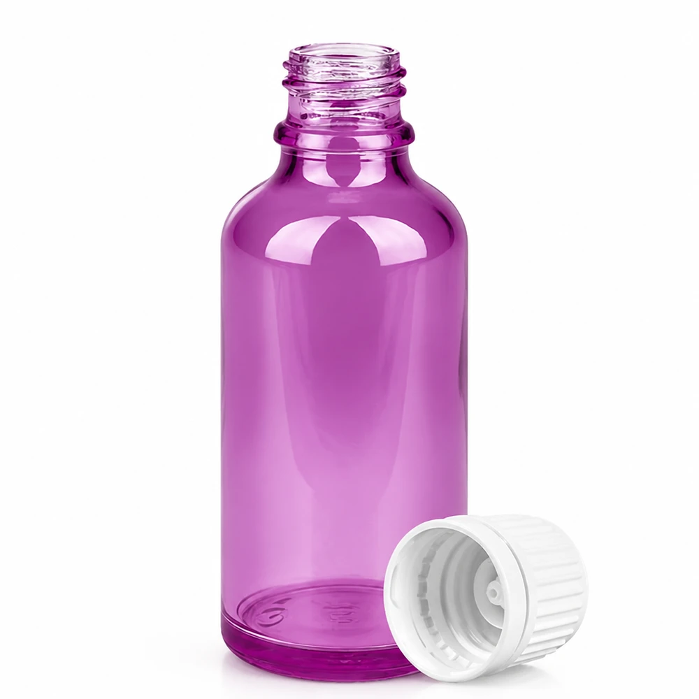 50ml pullo 11mm kierrekorkki valkoinen Alkuperäinen kierrekorkki PurpleLine UT18/50 50ml tippapullo violetista lasista, jossa on 18mm DIN-kierre aromaterapiaan ja kosmetiikkaan.