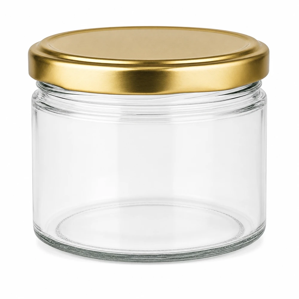 540ml pyöreä purkki BasicSeal-kannella kultainen UNiTWIST. 540ml pyöreä lasipurkki tyhjä kultaisella BasicSeal UNiTWIST-kannella valkoisella pohjalla.