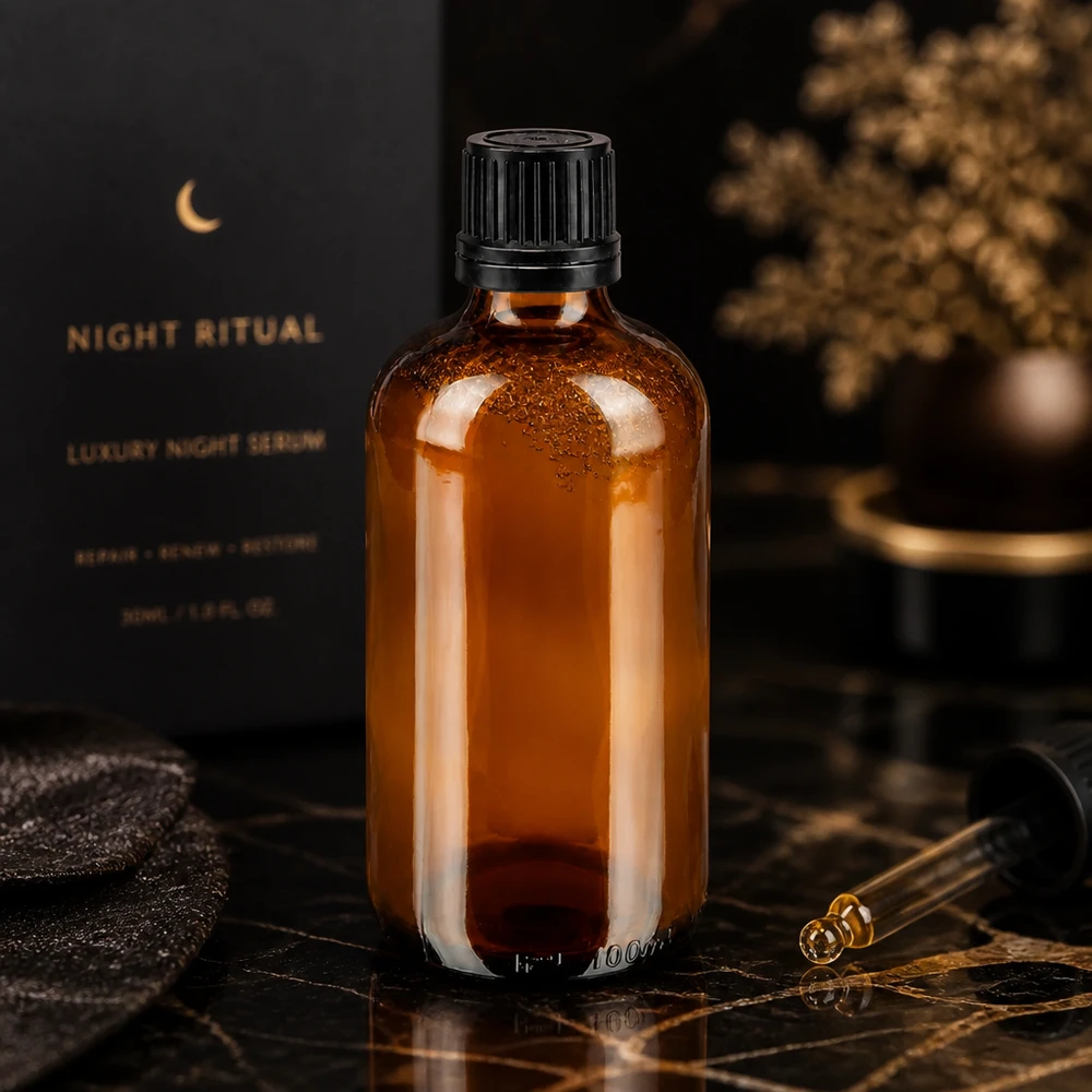 Apteekkipullo ruskea 100ml tippakorkki premium 1mm musta tamper-evident sulkeminen 100 ml:n ruskealasi-pullo, jossa on musta ulkopakkaus ja tiputuslaite, sekä Luxury Night Ritual Serum -pakkaus