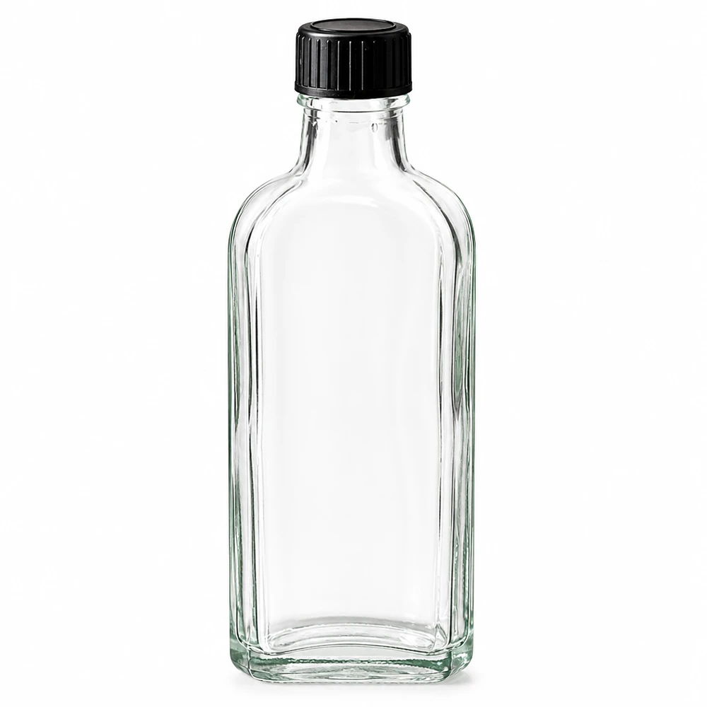 100 ml Meplat kirkas kierrekorkki, jossa on LKD-sulkukiekko: 100 ml Meplat kirkas kierrekorkki, jossa on LKD-sulkulevy 100 ml:n Meplat-lasipullo, kirkas, mustalla kierrekorkilla ja LKD-tiivistekiekolla