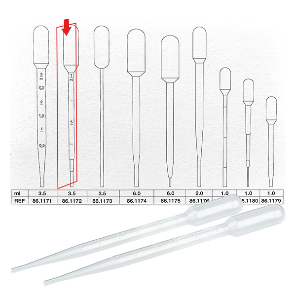3,5 ml:n siirtopipetti (155x15mm), jossa on asteikko. 3,5 ml:n siirtopipetti (155x15mm), jossa on asteikko.