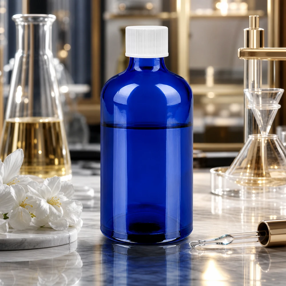 Ammattimainen 100ml laboratoriopullo koboltinsininen, jossa on valkoinen 11mm standardikorkki tutkimukseen.
