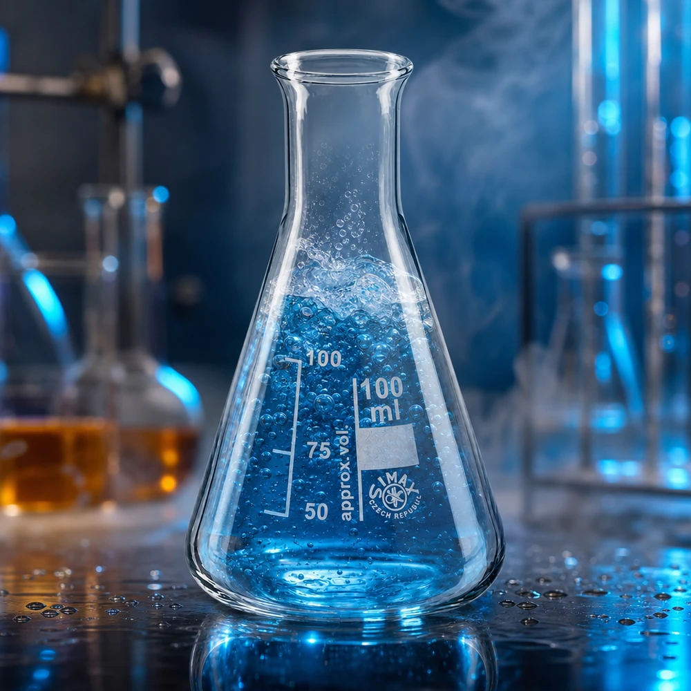 Erlenmeyer-pullo 100ml kapeakaulainen Erlenmeyer-pullo 100ml kapeakaulainen ja kartiomainen 100 ml:n pullo nesteiden optimaalista sekoittamista ja pyörittelyä varten.