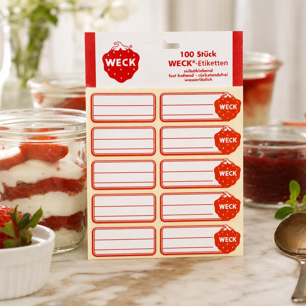 WECK Etiketten Packung neben dekorativem Dessertglas mit Erdbeercreme zeigt vielseitige Anwendung in moderner Küche
