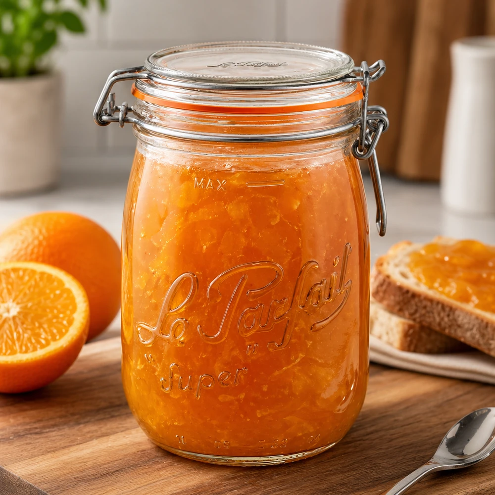 1000ml Vorratsglas "Super" mit Bügelverschluss Le Parfait® 1000ml Le Parfait Super -säilytyspurkki, jossa on heilurikorkki ja joka on täytetty appelsiinimarmeladilla appelsiineja sisältävällä puulaudalla.