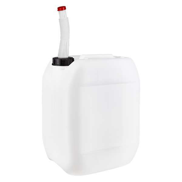 10 litran kanisteri, jossa on Flex-ulostuloputki.