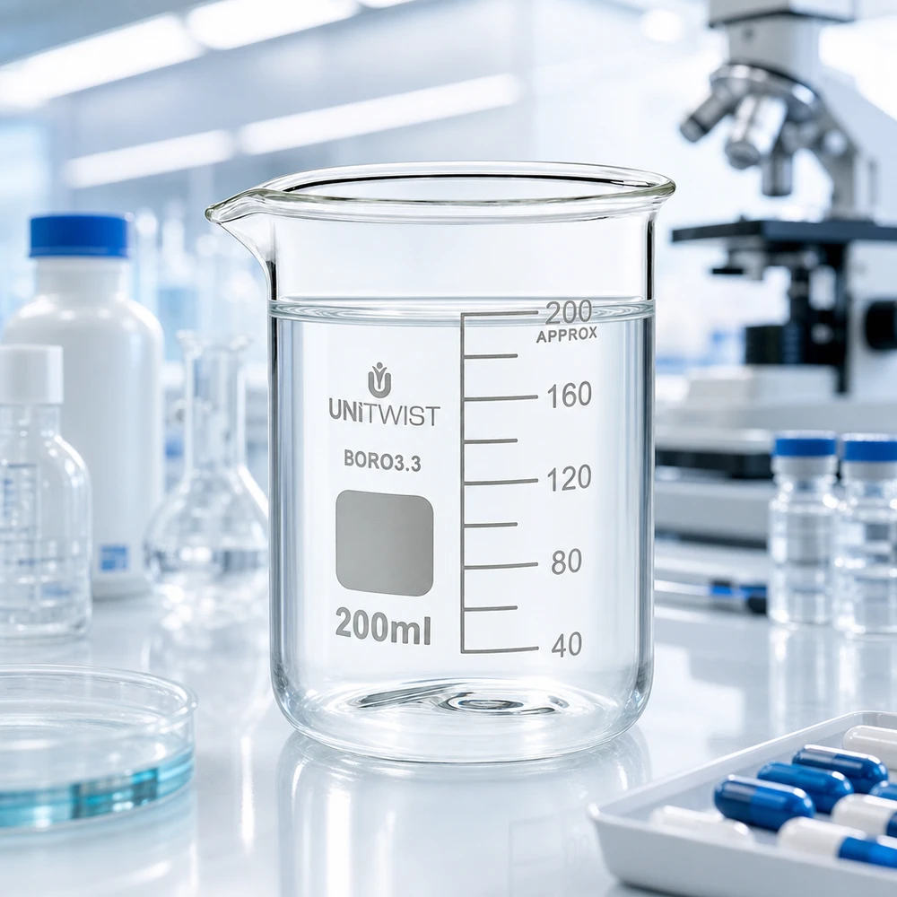 UNiTWIST 200 ml:n borosilikaattilasi, matala malli, ammattikäyttöön tarkoitetussa laboratoriossa mikroskoopin kanssa