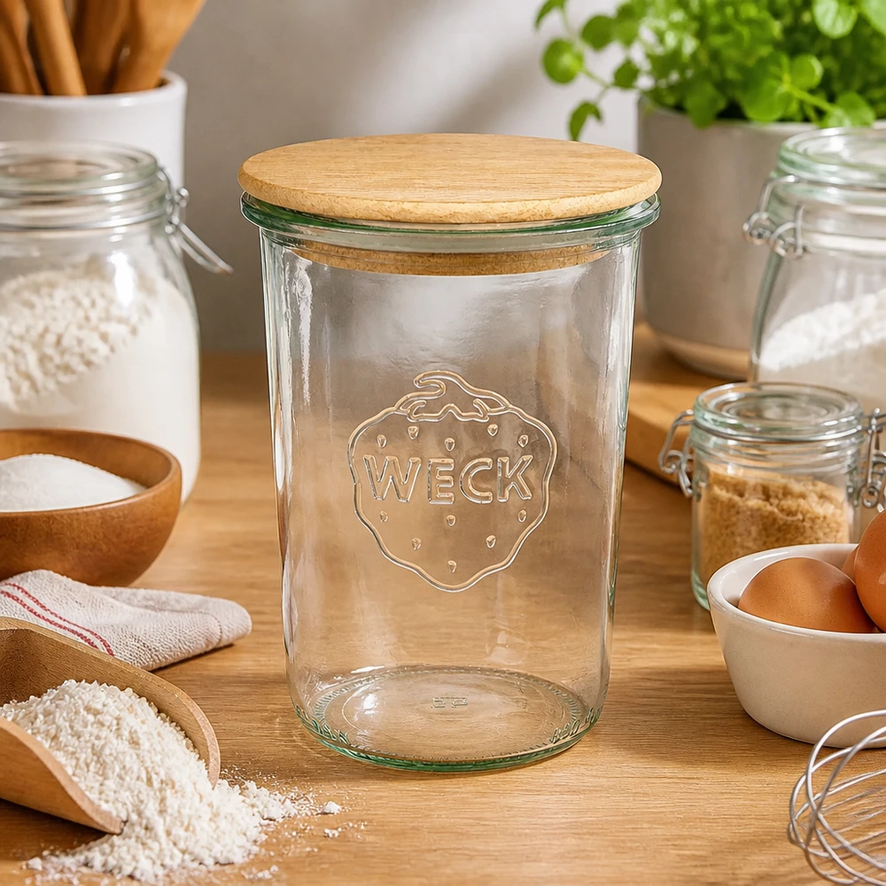 WECK tumblers 850ml RR100 puinen kansi keittiö leivontaan ainekset jauhot munat keittiövälineet luonnonmateriaaleja
