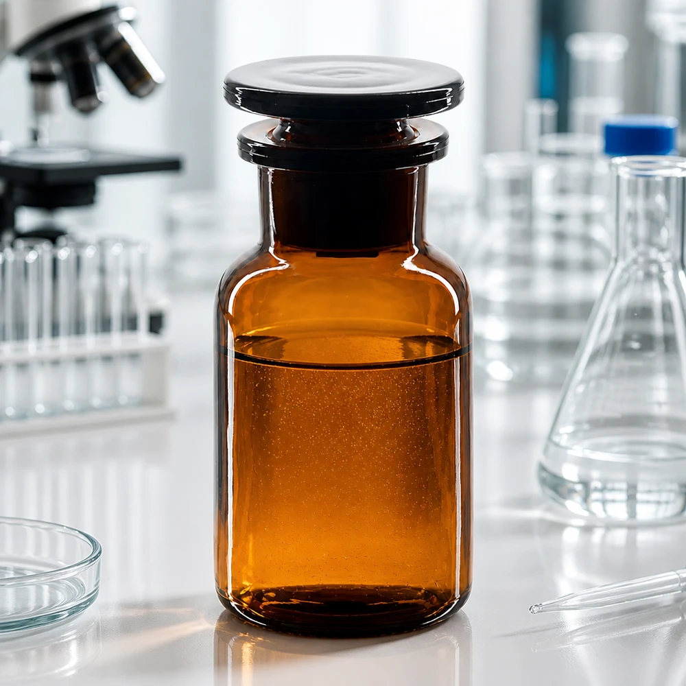 Laboratoriokuva: 100 ml:n pyöreäolkapullon ruskea, leveäkaulainen, lasitulpalla varustettu, mikroskoopin vieressä