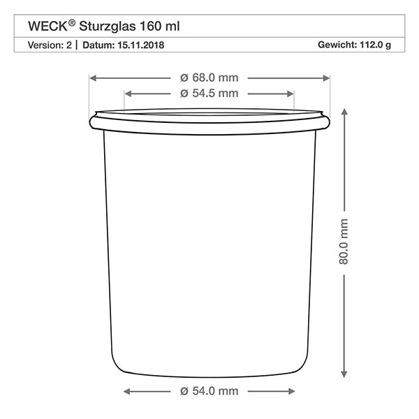 12 kpl Weck 160 ml:n juomalaseja, joissa on 12 klemmarikantta. Tekninen piirustus WECK 160ml juomapullot RR60, mitat - halkaisija 68mm, korkeus 80mm, paino 112g.
