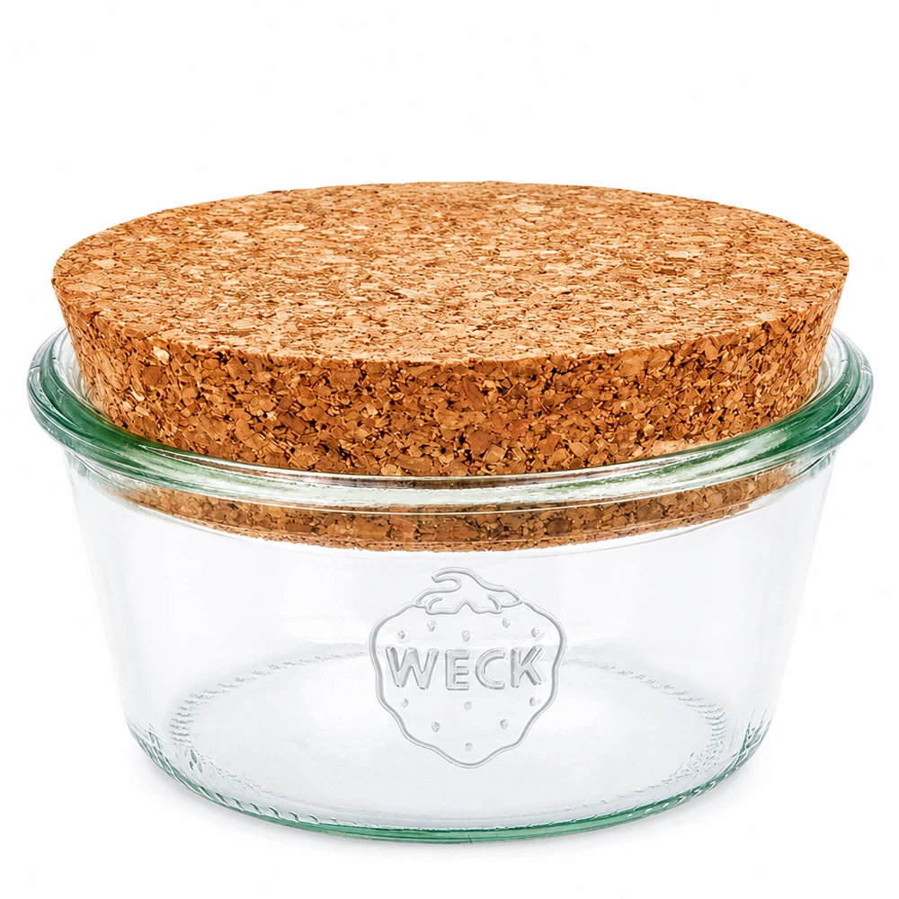 290ml matala tumble-purkki WECK RR100 korkin kanssa luonnollinen. 290ml WECK RR100 muuripurkki, jossa on luonnollinen korkkitulppa, matala säilöntäpurkki säilytykseen.
