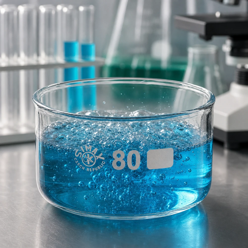 Sininen neste, jossa on kuplia, SIMAX-kiteytyskulhossa, 80 mm, borosilikaattilasi, 150 ml, laboratorio
