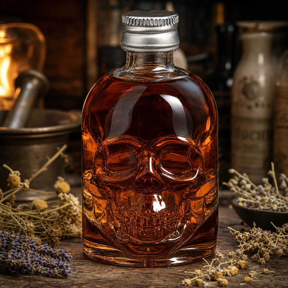 50ml Glasflasche "Hector" + Schraubverschluss silber UNiTWIS 50ml Hector-lasipullo, jossa on meripihkanväristä nestettä yrttien ja mausteiden välissä apteekkimaiseen tunnelmaan.