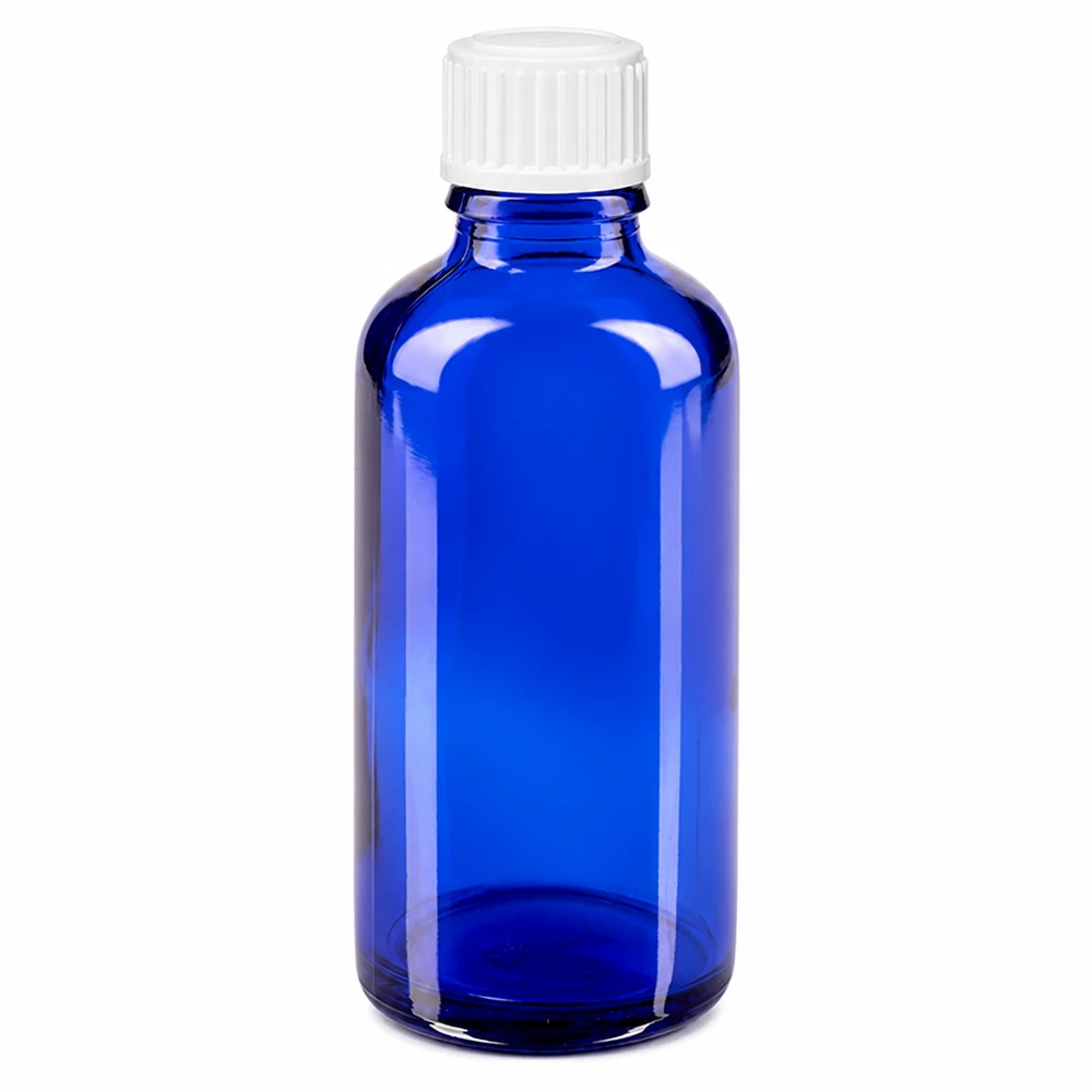 50 ml:n sininen lasinen apteekkipullo, jossa on valkoinen 11 mm:n kierrekorkki